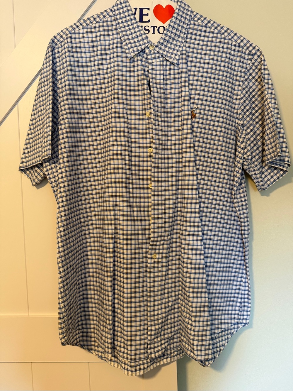 Ralph Lauren Blue and White Checked Short-Sleeve Button-Down Shirt